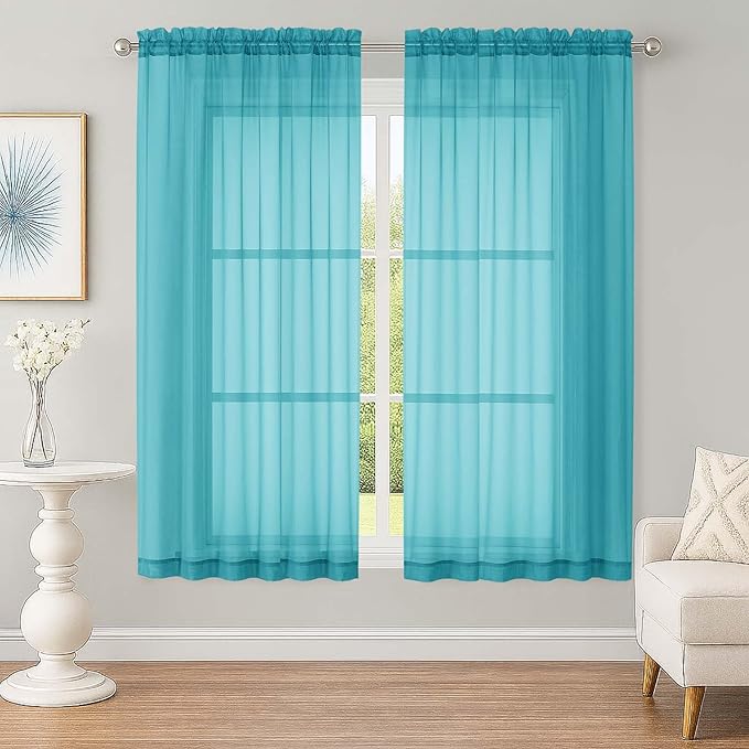 OWENIE Sheer Curtains 63 inch Length 2 Panels Set, Rod Pocket Voile Fimly Sheer Drapes for Living Room/Bedroom, 2pcs, Each 42" W x 63" L，Turquoise Blue