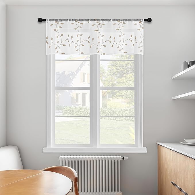 MRTREES Sheer Curtain Valances 2 Panels, Leaves Embroidered Voile Valance Curtains Rod Pocket, 54x16 Inches Small Sheer Window Curtain Valance for Bedroom/Living Room/Kitchen/Basement(Taupe Leaves)