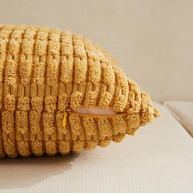 Fancy Homi 4 Packs Mustard Yellow Decorative Throw Pillow Covers 12x20 Inch for Living Room Couch Bed Sofa, Rustic Farmhouse Boho Home Decor, Soft Plush Striped Corduroy Square Cushion Case 30x50 cm