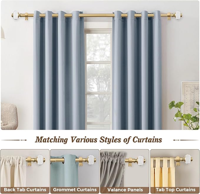 Gold Curtain Rods for Windows 66 to 120, USFOOK 7/8 Inch Telescoping Splicing Drapery Rods, Decoration for Home with Translucent Finials