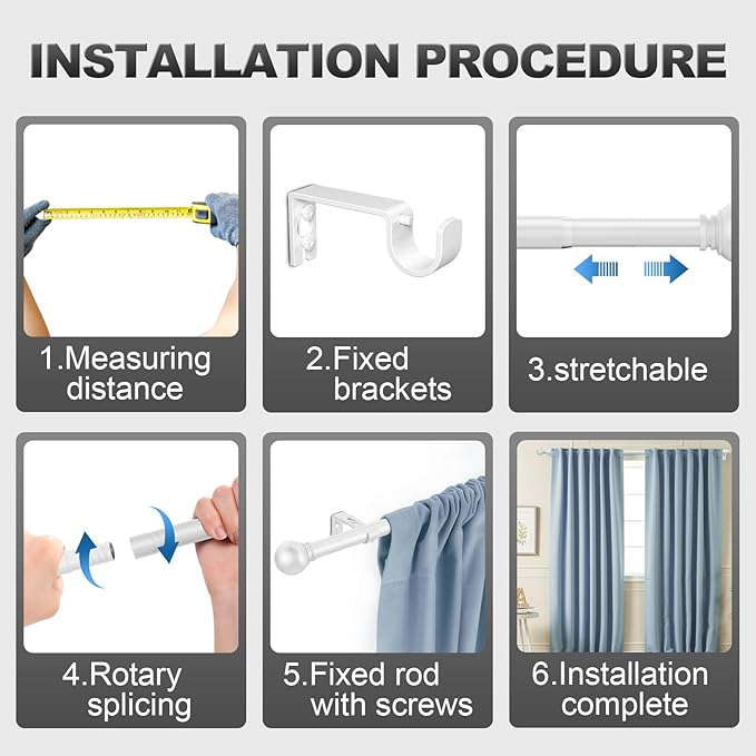 White Curtain Rods for Windows with Brackets,5/8 Inch Diameter Small Curtain Rod Adjustable Set 32 to 90 Inches,Easy Install Drapery Rods