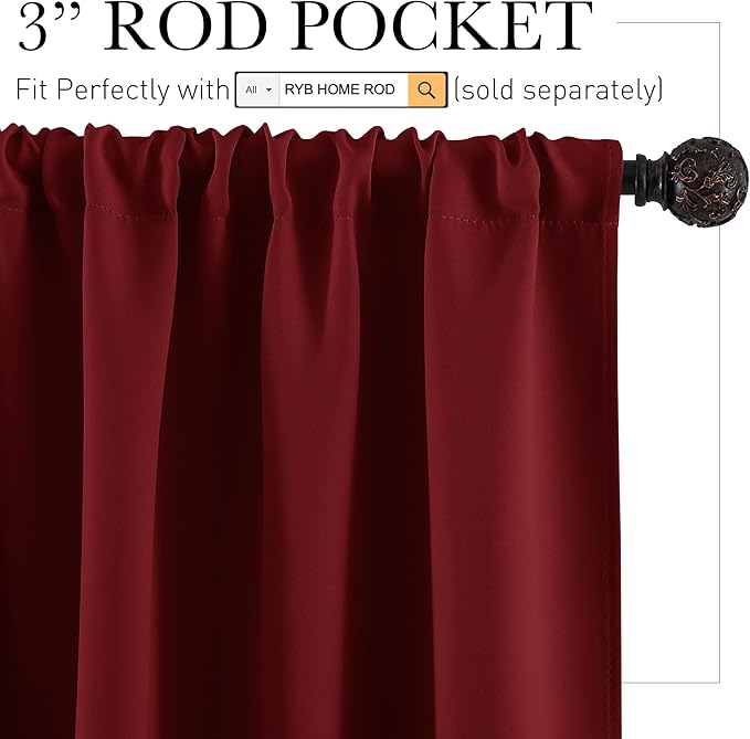 RYB HOME Blackout Bathroom Window Curtains, Short Thermal Insulated Heat Blocking Rod Pocket Half Window Curtain Tiers for Nursery Bedroom, Width 42 by Length 30, Burgundy Red, 2 Panels