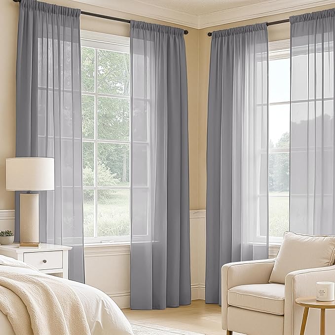 MIULEE Dark Grey Sheer Curtains 72 Inches Long, 4 Panels Set, Rod Pocket Light Filtering Window Drapes for Bedroom and Living Room, Elegant Airy Fabric, 42 x 72 Inches