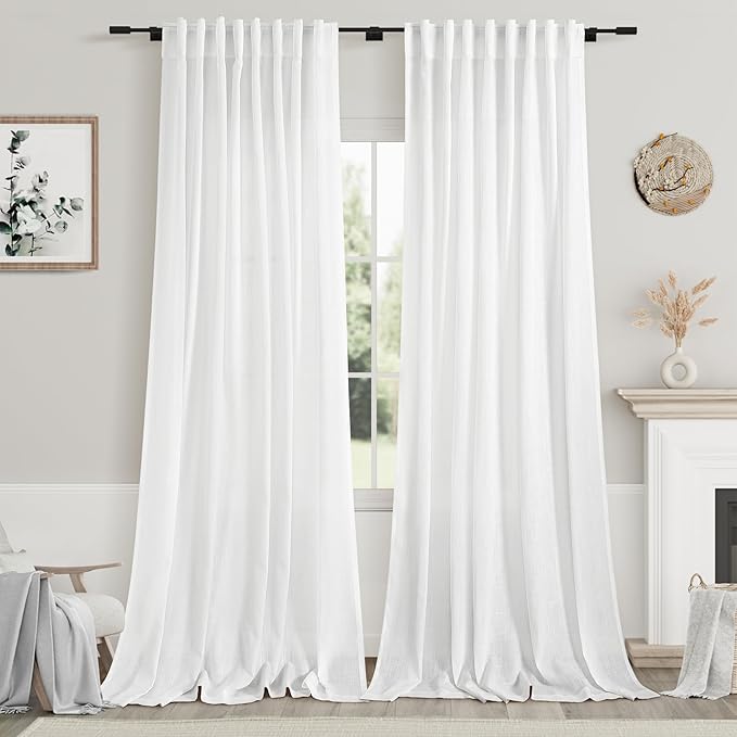 White Linen Curtains 108 Inches Long 2 Panels Back Tab Rod Pocket Modern Farmhouse Linen Light Filtering Curtains White Extra Long Semi Sheer Curtain Drapes for Living Room Bedroom 9Ft 60x108