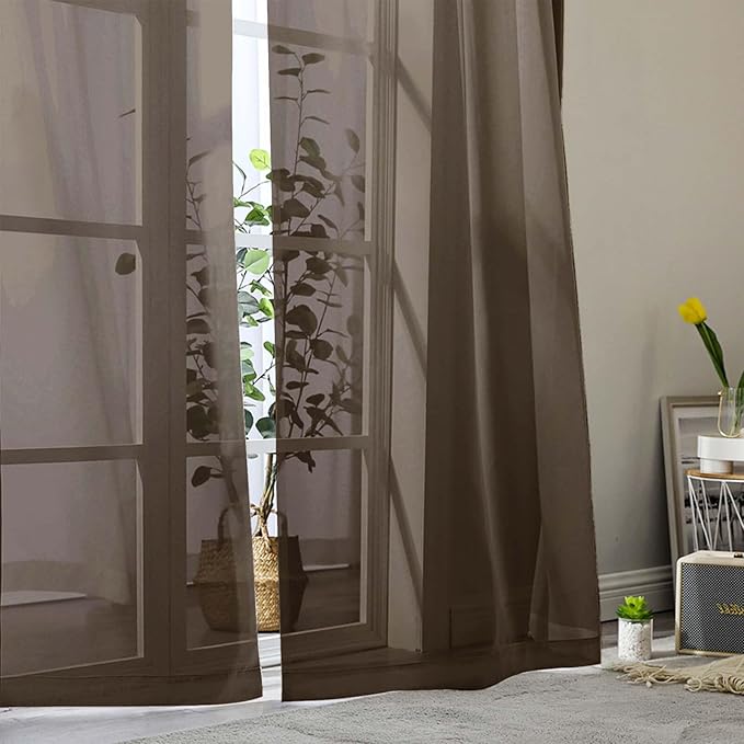 Sheer Chocolate Curtains for Bedroom Living Room 63 Inch Length 2 Panels, Airy Soft Light Filtering Sheer Dining Room Curtains, Modern Rod Pocket Drapes, Chocolate, Each 42" Wx63 L Inches