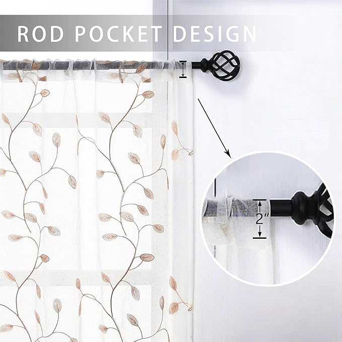MRTREES Sheer Curtain Valances 2 Panels, Leaves Embroidered Voile Valance Curtains Rod Pocket, 54x16 Inches Small Sheer Window Curtain Valance for Bedroom/Living Room/Kitchen/Basement(Taupe Leaves)