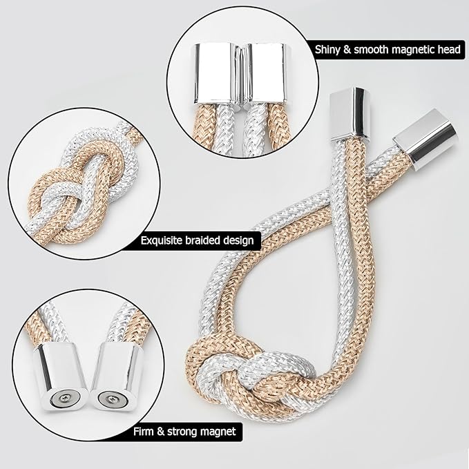 NICEEC 4 Pack Mini Magnetic Curtain Tiebacks Nordic Simple Style Drape Tie Backs Elegant Hand Weave Rope Knot Decorative Curtain Holdbacks for Home & Office Thin Window Drapery (Beige & White)