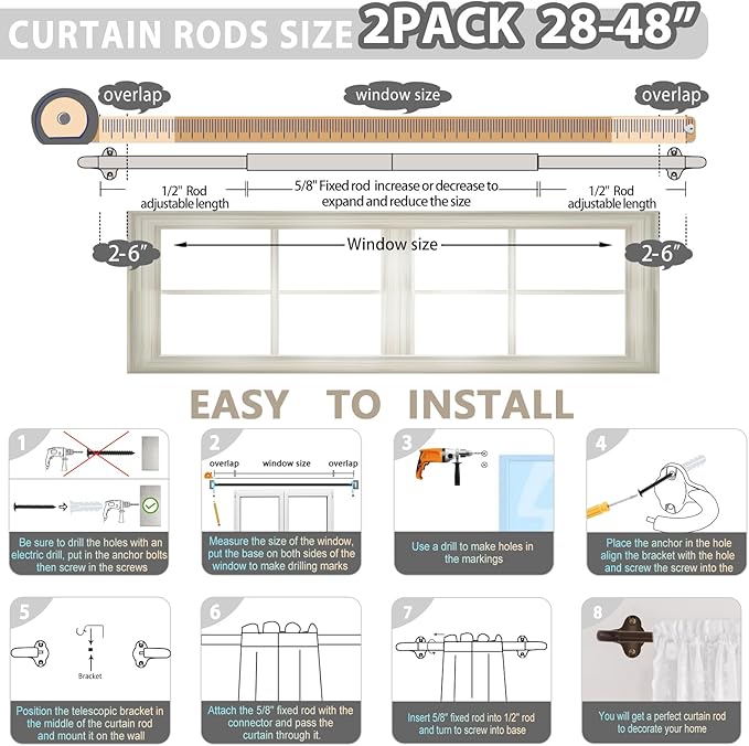 TVWOO Bronze Wrap Around Curtain Rods 2 Pack:Small Blackout Adjustable Window Curtain Rod for Bedroom Kitchen Apartment Renter Friendly,Room Darkening Curved Drapery Rods Easy Install,Brown 28-48 Inch