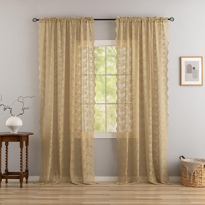 YJ YANJUN Vintage Lace Curtains 72 Inches Long-Victorian Floral Pattern Tan Sheer Curtain Panels for Living Room Bedroom,Light Filtering, Rustic Farmhouse Neutral Decor 2 Panels 52W x 72L Taupe