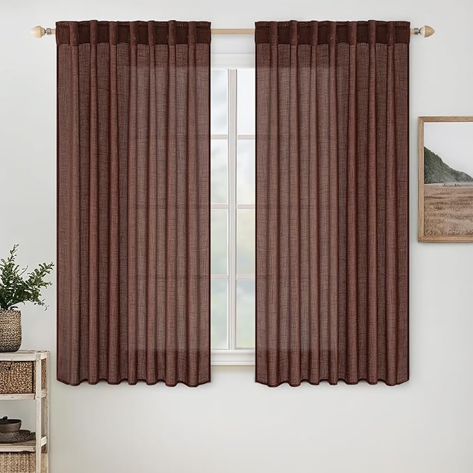 MIULEE Chocolate Brown Linen Curtains 63 Inch Length 2 Panels for Bedroom Living Room, Soft Thick Linen Textured Natural Window Drapes Semi Sheer Light Filtering Back Tab Rod Pocket Burlap Look Decor