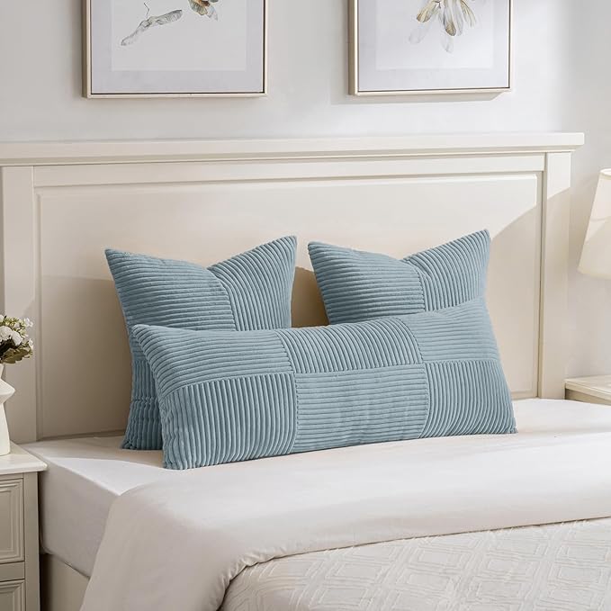 Fancy Homi Set of 2 Light Blue Decorative Throw Pillow Covers 18x18 Inch with for Couch Bed Sofa Living Room, Soft Cross Patchwork Striped Corduroy Coastal Blue Square Cushion Case 45x45 cm
