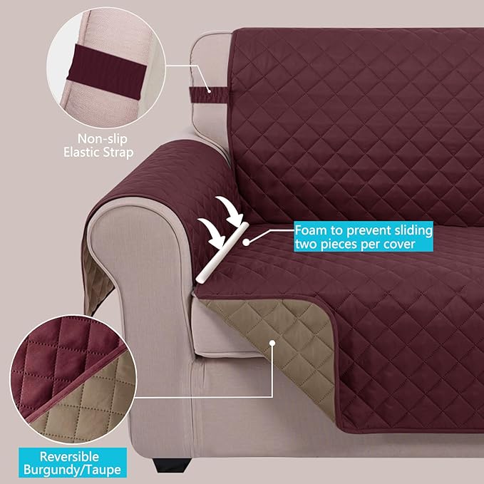 U-NICE HOME Loveseat Sofa Cover Reversible Couch Covers for 2 Cushion Couch for Dogs Furniture Protector Cover with Elastic Straps Water Resistant(Loveseat Small, Burgundy/Tan)