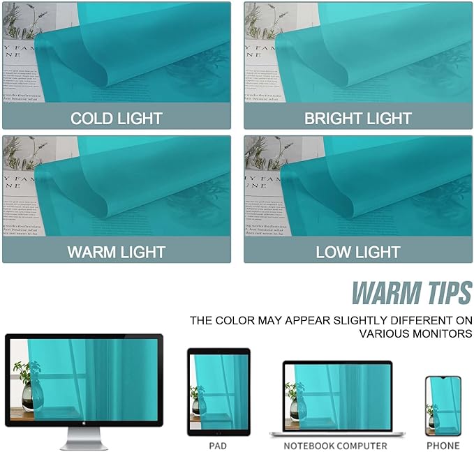 Turquoise Sheer Curtains for Window 72 inches Long 2 Panels Set, Soft Airy Modern Light Filtering Sheer Curtains for Living Room Bedroom, Dual Rod Pocket Solid Window Drapes, 2x42Wx72L inches