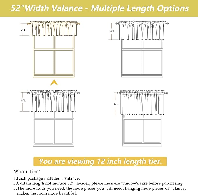 Valances for Windows, Light Filtering Faux Linen Textured Small Short Valance Curtains for Bathroom Basement Farmhouse, Rod Pocket Top Half Curtains for Windows, Black 52Wx12L Inch