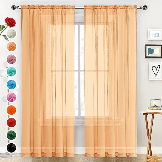 SpaceDresser Sheer Voile Window Treatment Rod Pocket Curtain Panels for Kitchen Bedroom Living Room Drapes Sunlight Filtering Privacy Semi Home Decor Assorted (Beige, 52 W x 45 L)