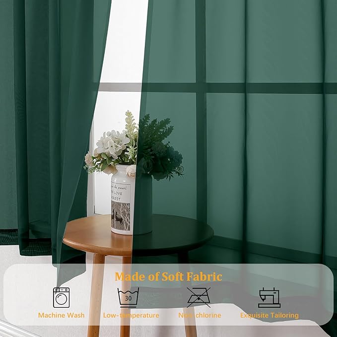 Gwine Hunter Green Sheer Curtains 84 Inches Long 2 Panels Set for Living Room, Rod Pocket Voile Bedroom Curtains, Light Filtering Solid Window Sheer Panels, Each 42" Wx84 L