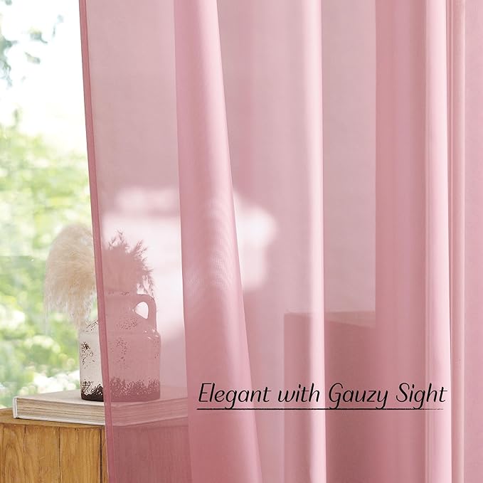 NICETOWN Pink Sheer Curtains for Living Room, Grommet Lightweight Gauzy Textured Sheer Panels Light Filtering Window Treatment for Girls Room, W54 x L108, 2 Panels