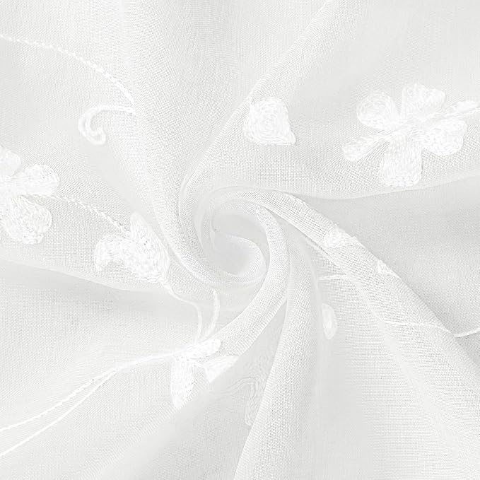 HOMEIDEAS White Sheer Curtains 63 Inch Length 2 Panels White Embroidered Floral Pattern Semi Sheer Window Curtains for Bedroom Living Room