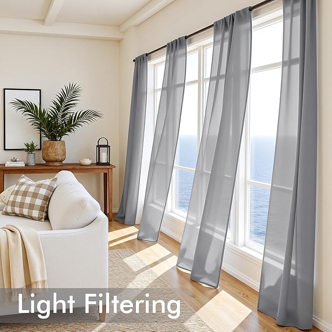 MIULEE Dark Grey Sheer Curtains 90 Inches Long, 4 Panels Set, Rod Pocket Light Filtering Window Drapes for Bedroom and Living Room, Elegant Airy Fabric, 54 x 90 Inches