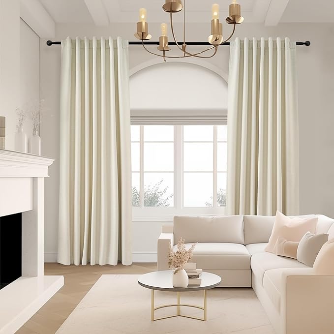 Topfinel 94 Inches Long Cream Colored Custom Blackout Linen Curtains, Ivory Pinch Pleated Noise Cancelling Curtains with Pin Hooks for Traverse, Burlap Viral Drapes 2 Panels for Living Room Bedroom