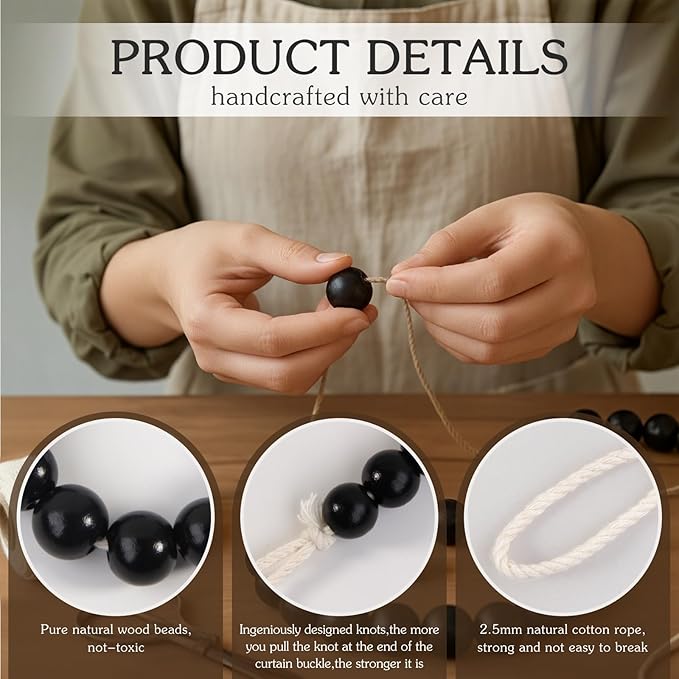 Hion 6 Pcs Boho Curtain Tiebacks,Wood Beads Curtain Holdbacks,Outdoor Farmhouse Tie Backs for Curtains,Curtain Holders for Drapes Home Office Room Decor with Hooks(Black)