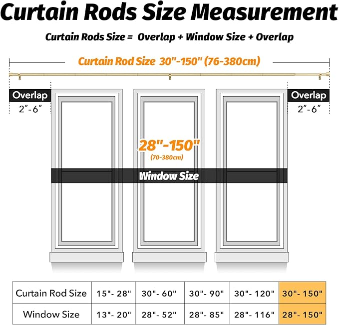 GEEBOBO 2 Pack Gold Curtain Rods for Windows 72 to 144 Inch, 1 Inch Adjustable Heavy Duty Easy Install Curtain Rods Set for Outdoor, Patio, Farmhouse, Bedroom, Living Room (Gold,30"-150",2 Pack)