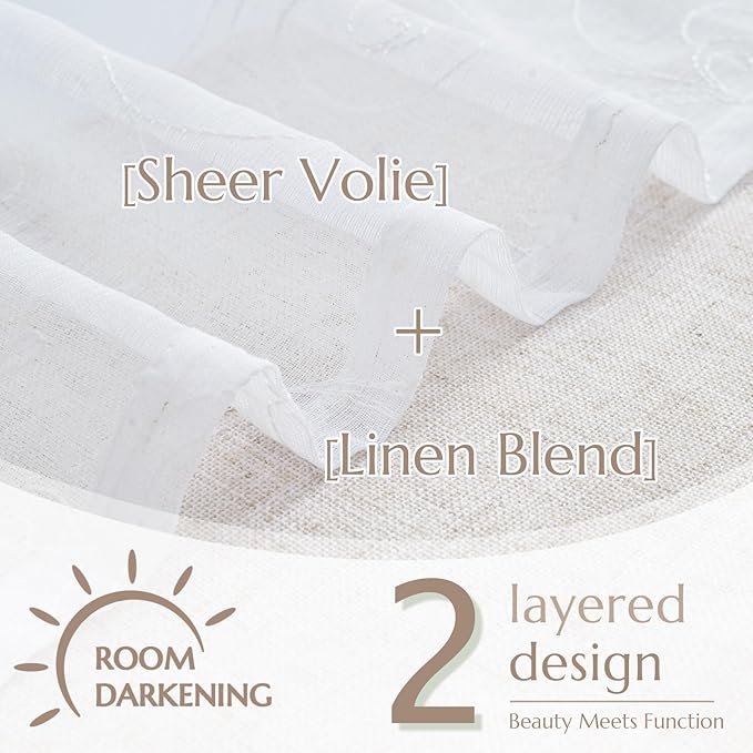 jinchan Linen Valance for Window Embroidered Farmhouse Light Filtering Voile Valance for Living Room Kitchen Beige Cottage Rustic Double Layer Curtain 16 Inch 1 Panel White