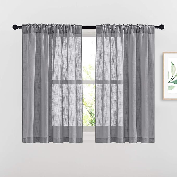 NICETOWN Bathroom Window Curtains 45 inch Length, Natural Linen Textured Rod Pocket & Back Tab Semi Sheer Short Curtains Privacy with Light Through for Bedroom/Living Room, 52" Wide, Grey