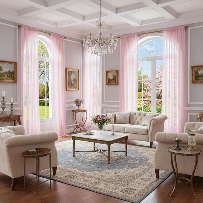 WAZZIO Boho Lace Curtains 84 Inch 2 Panels -Sheer Panel Drape Floral Pattern & Tassel Light Filtering Privacy for Bedroom Dining Living Room,Princess Pink Girl Bedroom Decor,Pale Pink,W52 x 84L
