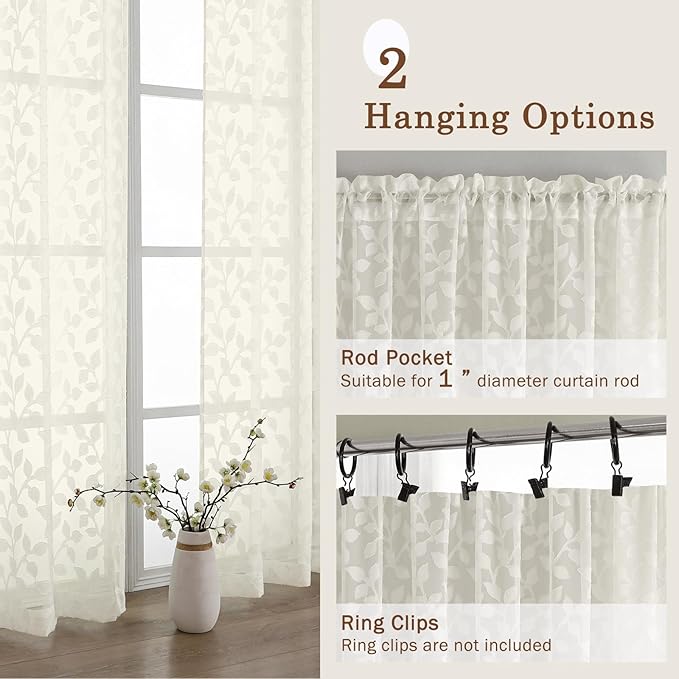 Chyhomenyc Ivory Sheer Curtains 63 Inch Length 2 Panels Set, Light Filtering Tufted Textured Soft Airy Rod Pocket Beautiful Leaf Window Treatment Drapes for Bedroom Living Room, 42" Wx63 L, 2PCS