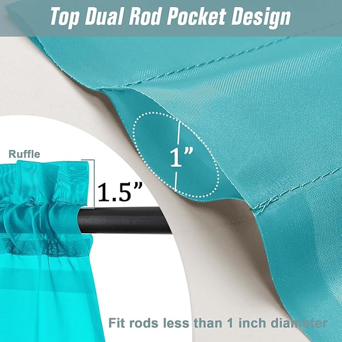 Turquoise Sheer Curtains 63 Inch Length 2 Panels, Voile Sheer Curtain for Living Room, Breathable Light Filtering Modern Window Treatments, Soft Fabric Dual Rod Pocket Drapes, 2x42Wx63L Inches