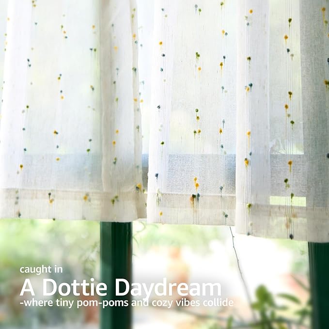 jinchan Valance Curtains for Windows 16 Inch Colorful Mini Pom-Pom Country Farmhouse Kitchen Valance Semi Sheer Voile Samll Window Treatment for Bedroom Living Room Rod Pocket 1 Panel Sunlit Grove