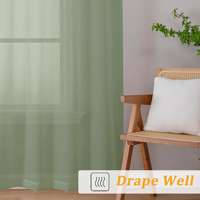 Gwine Sage Green Sheer Curtains 63 Inch Length for Living Room 2 Panels, Light Filtering Rod Pocket Window Curtain Treatment for Bedroom, Voile Elegant Sheer Drapes，Each 42" Wx63 L, Sage Green