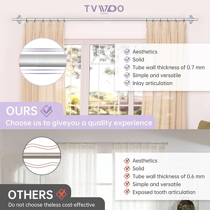 TVWOO Silver Wrap Around Curtain Rods:5/8 In Blackout Adjustable Window Curtain Rod for Bedroom Kitchen Apartment Renter Friendly,Room Darkening Curved Drapery Rods Easy Install,Antique Silver 36-72"
