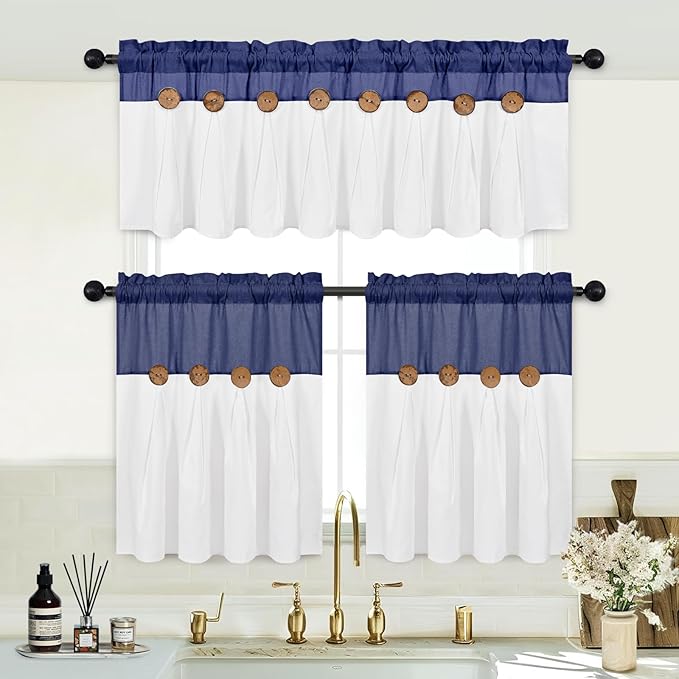 FRAMICS Boho Kitchen Curtains 24 Inch Length, Farmhouse Cotton Linen Tier Curtains, Rustic Button Short Curtain for Windows, Navy Blue Country Cafe Curtain, Rod Pocket Small Window Tiers, 26x24