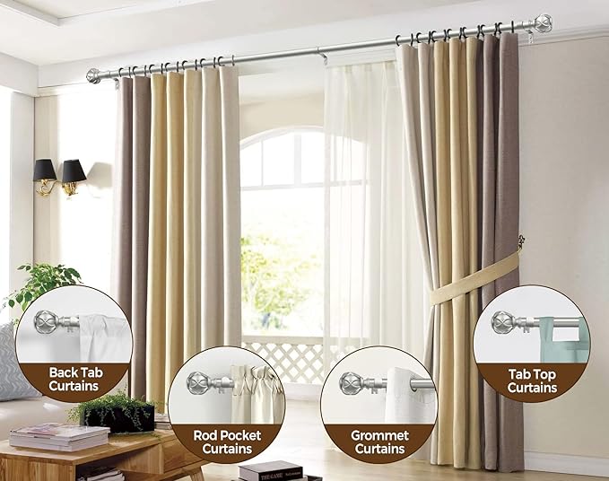 KAMANINA Silver Curtain Rods for Windows 72 to 144 Inches (6-12ft) Long Heavy Duty Curtain Rods, 7/8 Inch Adjustable Drapery Rods with Decorative Netted Texture Finials