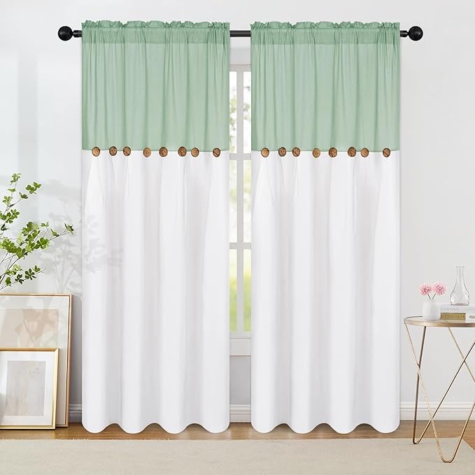 FRAMICS Farmhouse Cotton Linen Curtains for Living Room, Boho Button Curtains 84 Inch Length 2 Panels Set, Navy Blue Rustic Country Linen Window Curtains for Bedroom, Rod Pocket Drapes, 52 x 84 Inch
