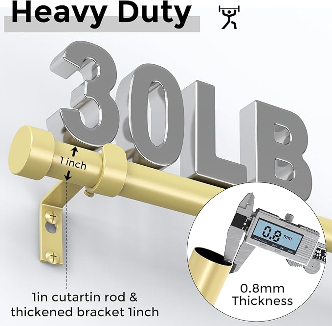 VOIIY Gold Curtain Rods for Windows 28 to 48 Inch(1.5-5 Feet),1" Diameter Drapery Rods with Modern Style End Cap Finials,Size:30-60 Inch, Brass