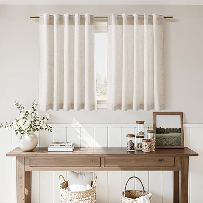 Nanspring Beige Farmhouse Curtains 30 Inch Length for Kitchen Linen Blend Semi Sheer Curtains Back Tab and Rod Pocket Rustic Farmhouse Decor for Cafe Small Window Curtain 36 x 30 Inch, 2 Panels