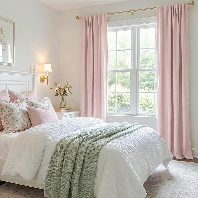 100% Blackout Shield Soft Pink Linen Blackout Curtains for Bedroom 90 Inches Long, Back Tab/Rod Pocket Living Room Drapes, Thermal Insulated Blackout Curtains 2 Panels Set, 50" W x 90" L