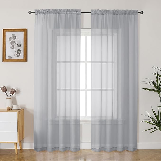 Gwine Light Grey Sheer Curtains 90 Inches Long 2 Panels Set, Light Filtering Solid Filmy Drapes for Living Room Bedroom, Elegant Soft Rod Pocket Voile Sheer Window Curtains, 42Wx90L Inch, 2PCS