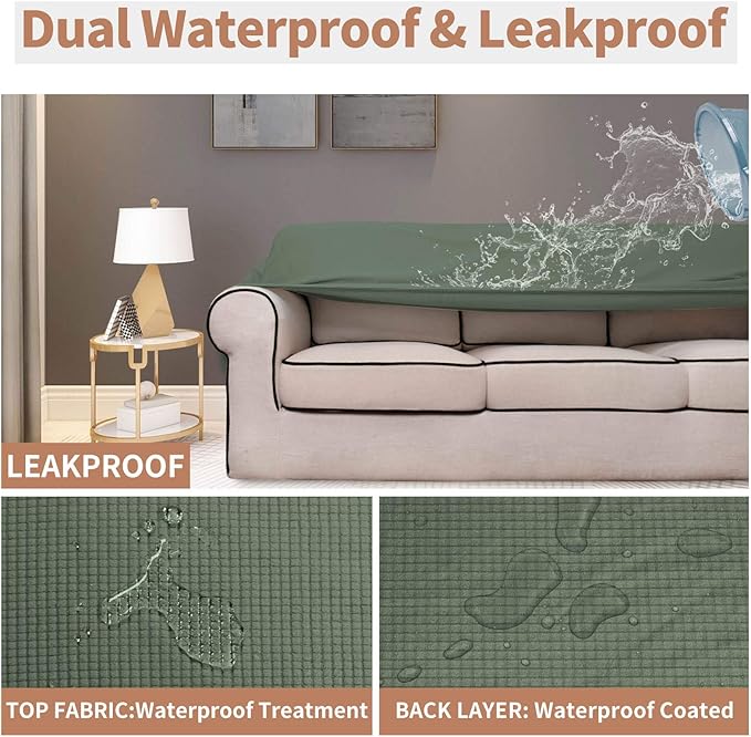 Easy-Going 100% Waterproof Couch Cover, Dual Waterproof Sofa Cover, Stretch Jacquard Sofa Slipcover, Leakproof Furniture Protector for Kids, Pets, Dog and Cat (Oversized Sofa, Grayish Green)