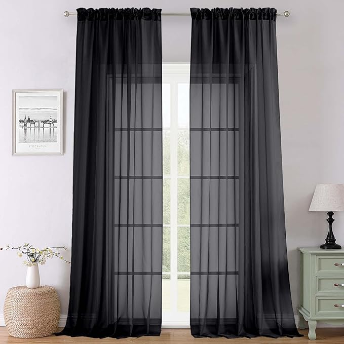 Lecloud Black Sheer Curtains 120 Inches Long 2 Panels, Balance Light & Privacy Voile Window Curtains, Solid Sheer Curtain Drapes for Living Room Balcony Big Windows, 59" W x 120" L