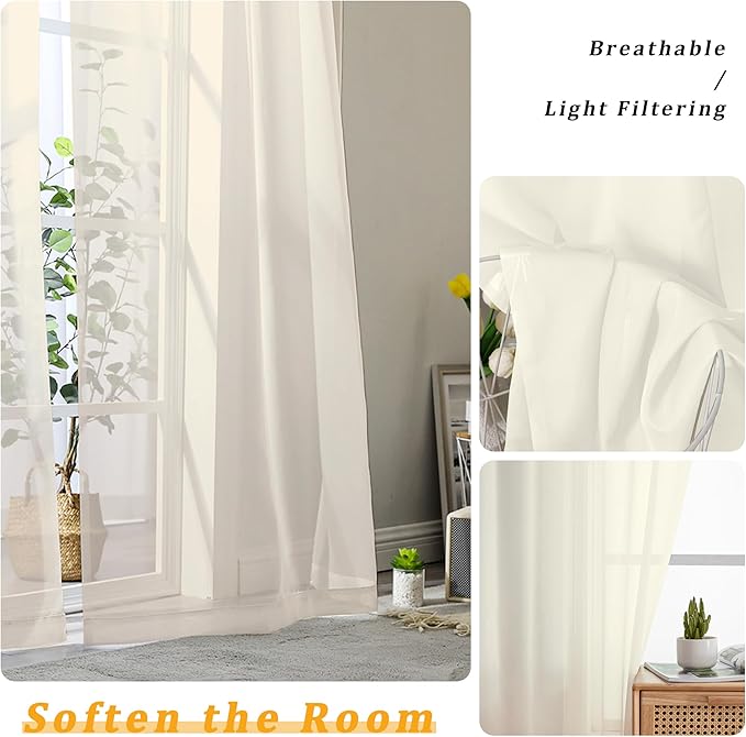 Gwine Cream Sheer Kitchen Curtains 36 Inch Length, Light Filtering Voile Soft Airy Small Cafe Curtains, Short Window Curtain for Bathroom Basement, 42x36 inch, 2PCS