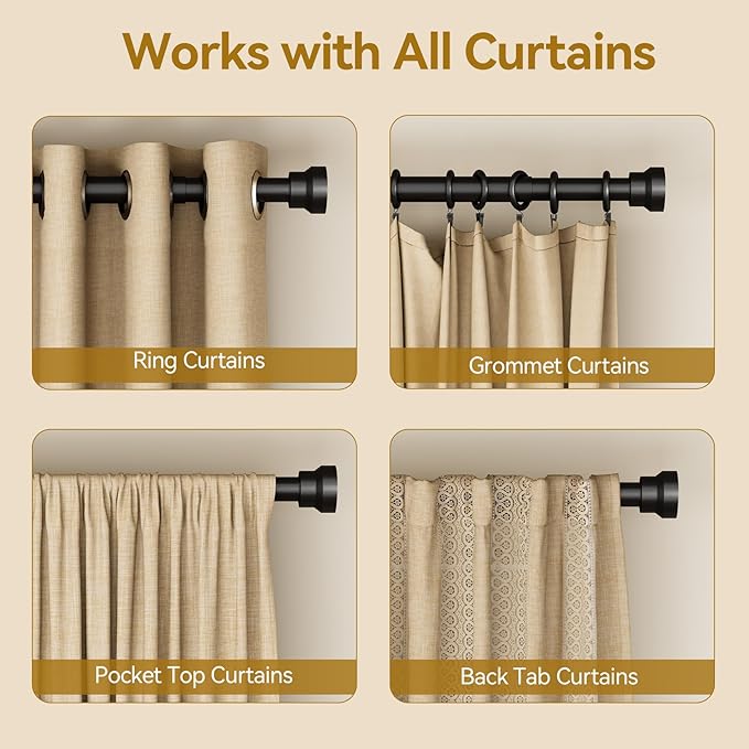 YaFex Curtain Rods 2 Pack 32-84 Inch, Heavy Duty 1 Inch Curtain Rod, Black Long Adjustable Window Treatment Rods, Modern Design, Easy Installation
