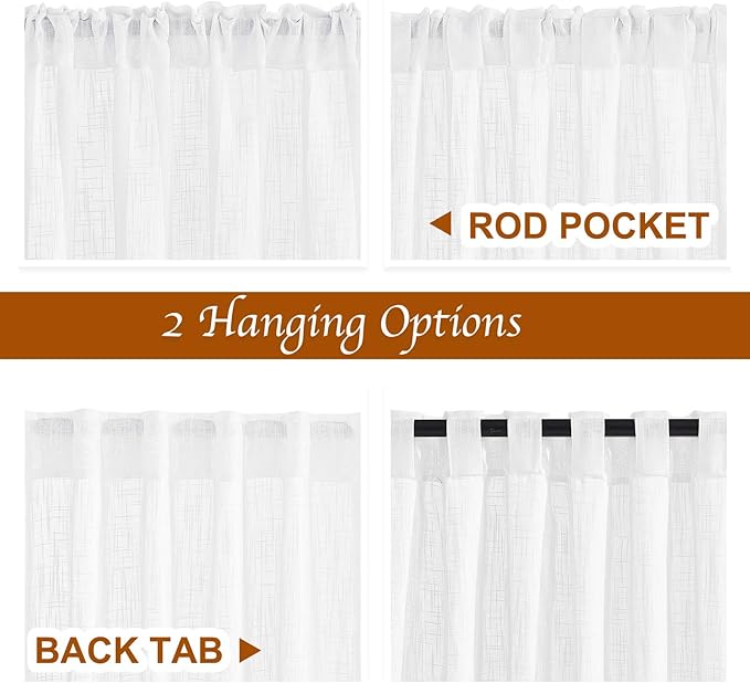 NICETOWN White Faux Linen 48 inch Curtains for Cafe, Rod Pocket & Back Tab Linen Weave Window Treatments Privacy with Light Filtering Semi Sheer Curtains for Kitchen, W42 x L48, 2 Panels