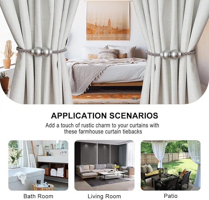 4 Pack Magnetic Curtain Tiebacks Modern Handmade Rope Curtain Tie Backs Decorative Drapes Weave Holdbacks for Home Outdoor Bedroom Office Decorative Curtain, Grey