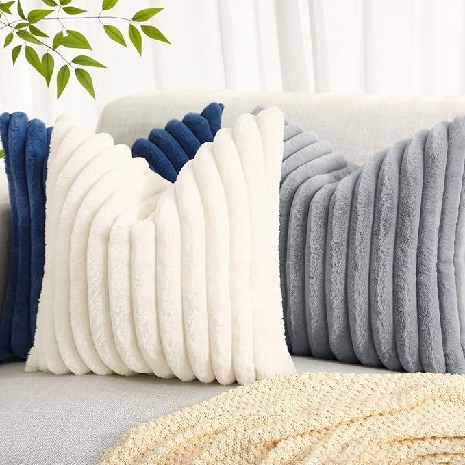 decorUhome Cozy Faux Fur Throw Pillow Covers 24x24 Set of 2 Decorative Soft Plush Striped Modern Farmhouse Boho Couch Euro Sham Pillow Cases with Velvet Back for Sofa Bed Living Room, Blue
