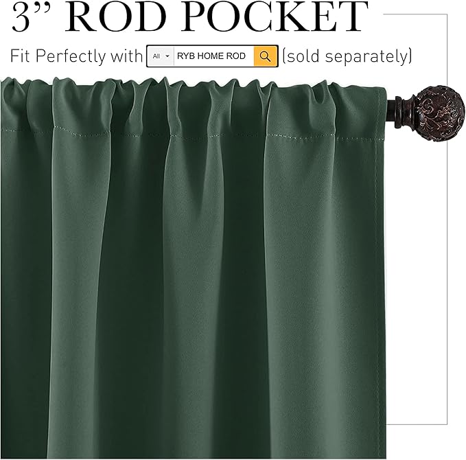 RYB HOME Short Blackout Curtains for Small Window, Sunmmer Heat Light Blocking Privacy Protection Curtains for Sunroom Laundry Room Stair Window, Width 52 by Length 36, Dark Green, Set of 2