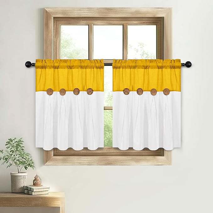 FRAMICS Farmhouse Kitchen Curtains 24 Inch Length, Rustic Cotton Linen Tier Curtain, Boho Button Short Curtains for Windows, Yellow Country Cafe Drapes, Rod Pocket, Yellow and White, 26x24